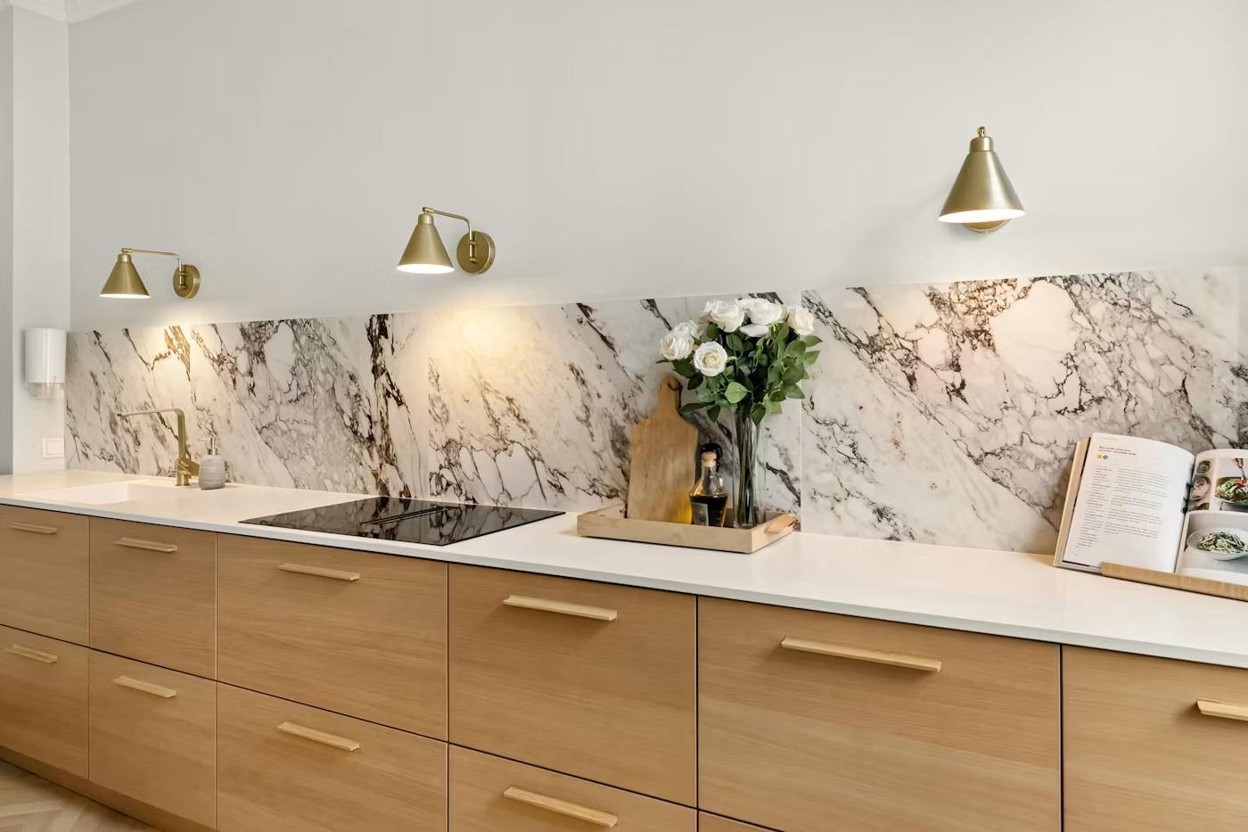 Kitchen counter with full-slab marble backsplash