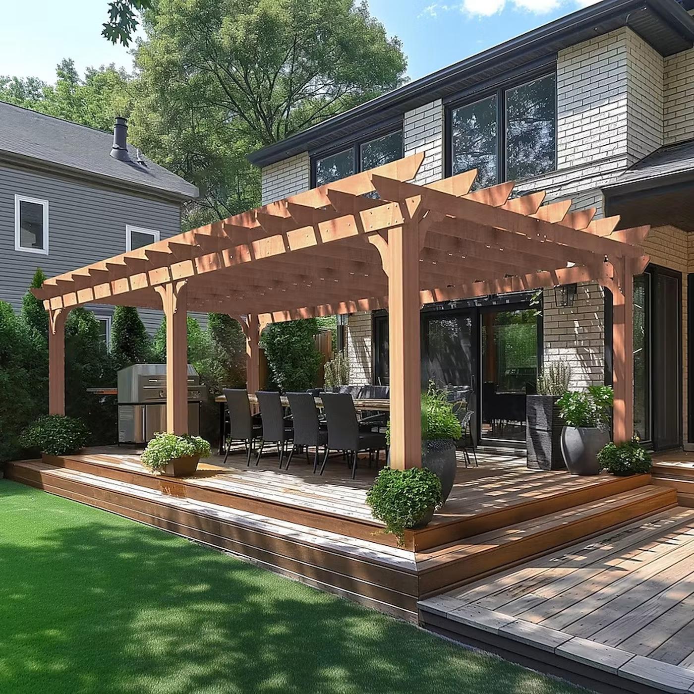 Backyard pergola with outdoor kitchen and dining area